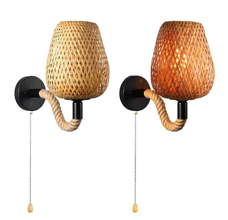 "Elara" Retro Bamboo/Rattan Individually Woven LED Wall Sconce Light