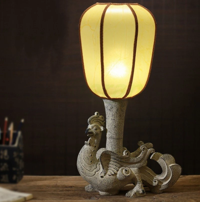 Intricately Carved Mythical Rooster LED Lamp with Fabric Shade – Stylish and Functional Decor