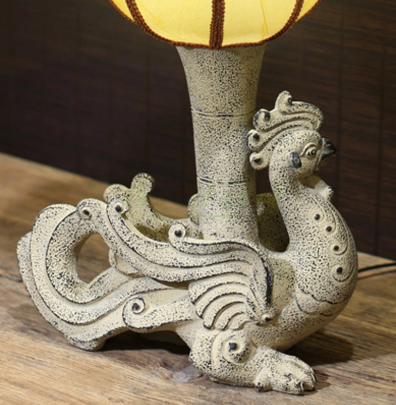 Intricately Carved Mythical Rooster LED Lamp with Fabric Shade – Stylish and Functional Decor