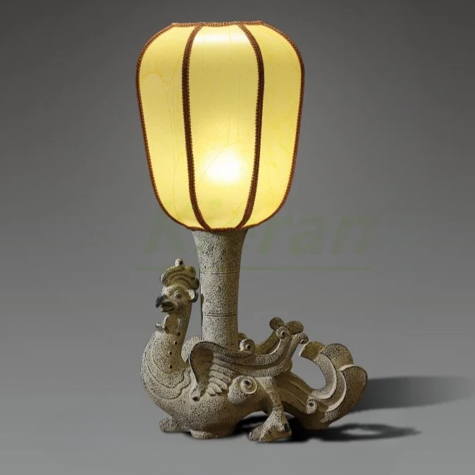 Intricately Carved Mythical Rooster LED Lamp with Fabric Shade – Stylish and Functional Decor