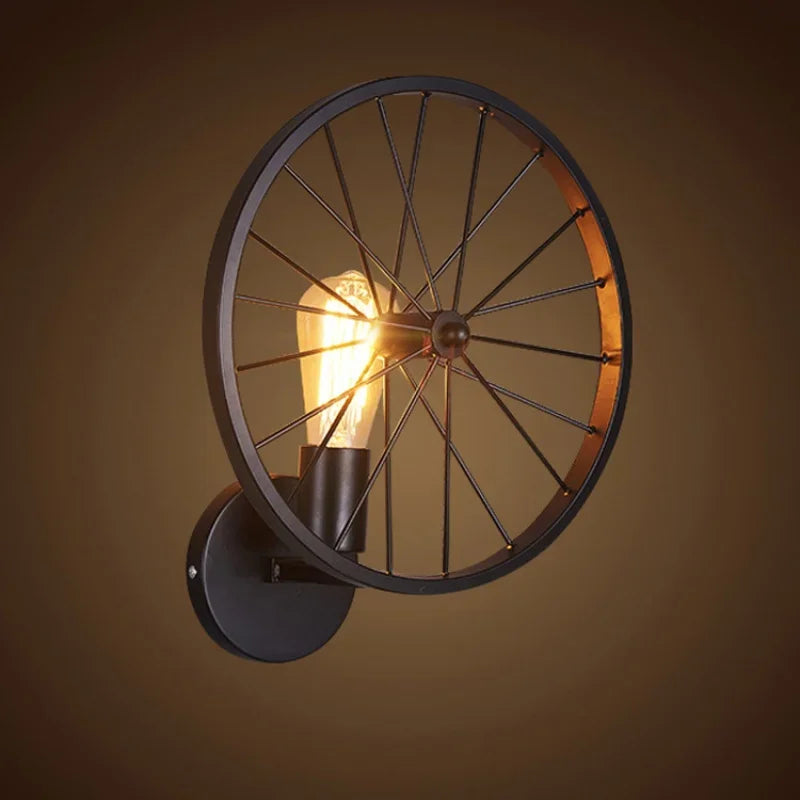 Farmhouse Rustic Wheel Wall Sconce Light - Vintage Industrial Design. Available in Two Colors