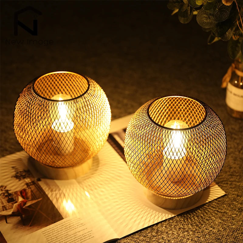 Set of Cordless Battery-Powered Metal Mesh Beige Table Lamps