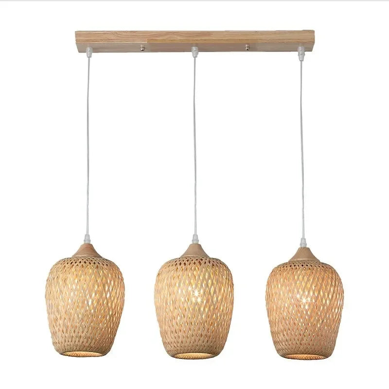 "Elara" Three-Head Tea Room Lantern Woven Bamboo/Rattan LED Pendant Light