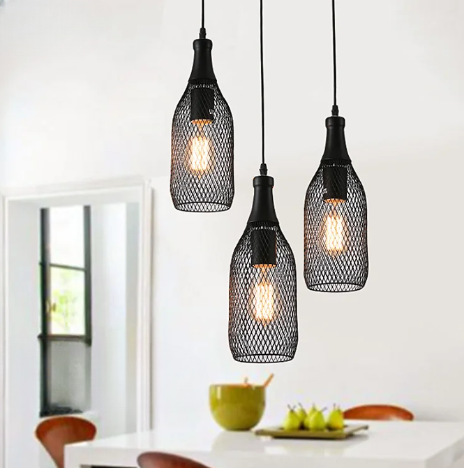 Industrial 3-Head Iron Net Bottle Shape Pendant Chandelier