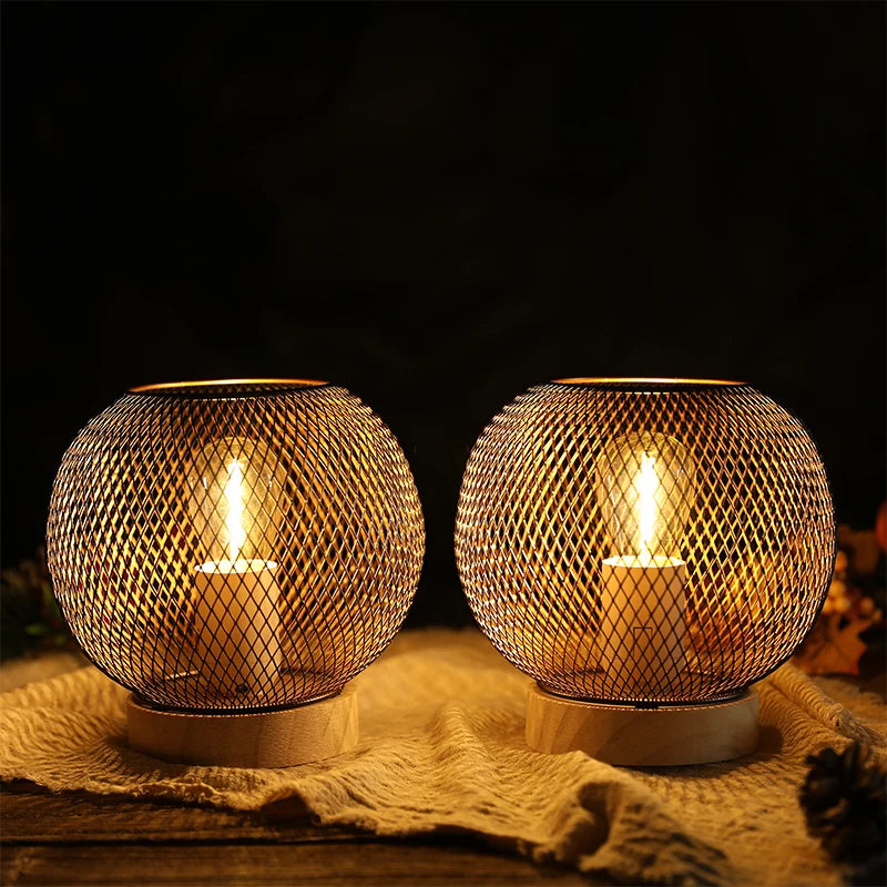 Set of Cordless Battery-Powered Metal Mesh Beige Table Lamps