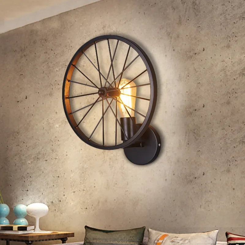 Farmhouse Rustic Wheel Wall Sconce Light - Vintage Industrial Design. Available in Two Colors