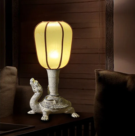 Intricately Carved Mythical Turtle LED Lamp with Fabric Shade – Stylish and Functional Decor