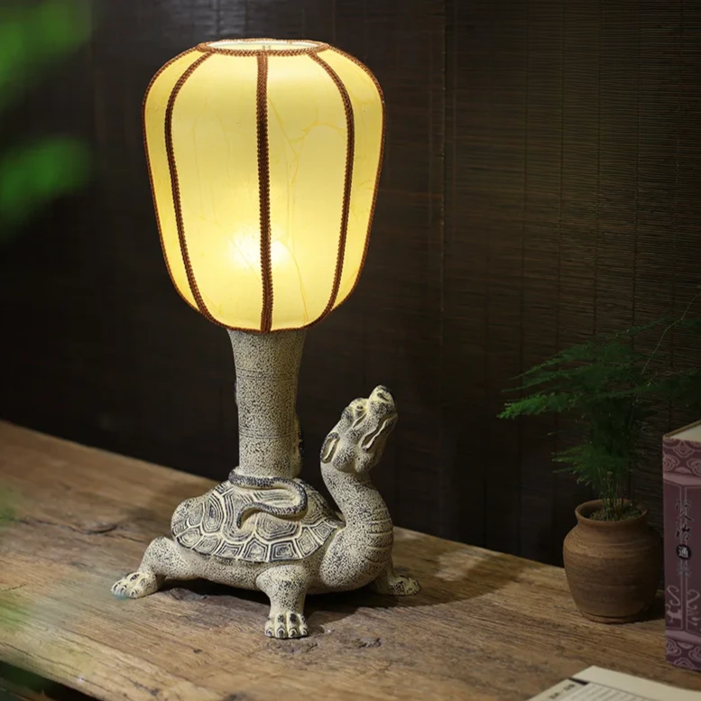 Intricately Carved Mythical Turtle LED Lamp with Fabric Shade – Stylish and Functional Decor