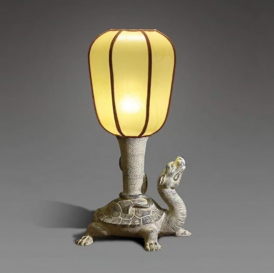 Intricately Carved Mythical Turtle LED Lamp with Fabric Shade – Stylish and Functional Decor