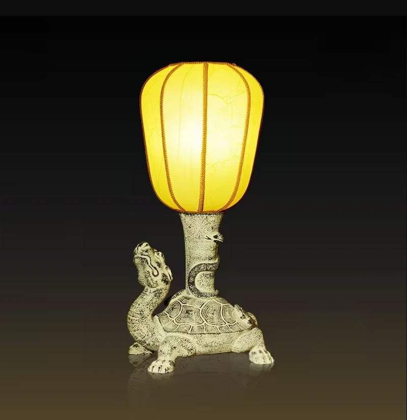 Intricately Carved Mythical Turtle LED Lamp with Fabric Shade – Stylish and Functional Decor