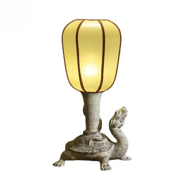 Intricately Carved Mythical Turtle LED Lamp with Fabric Shade – Stylish and Functional Decor