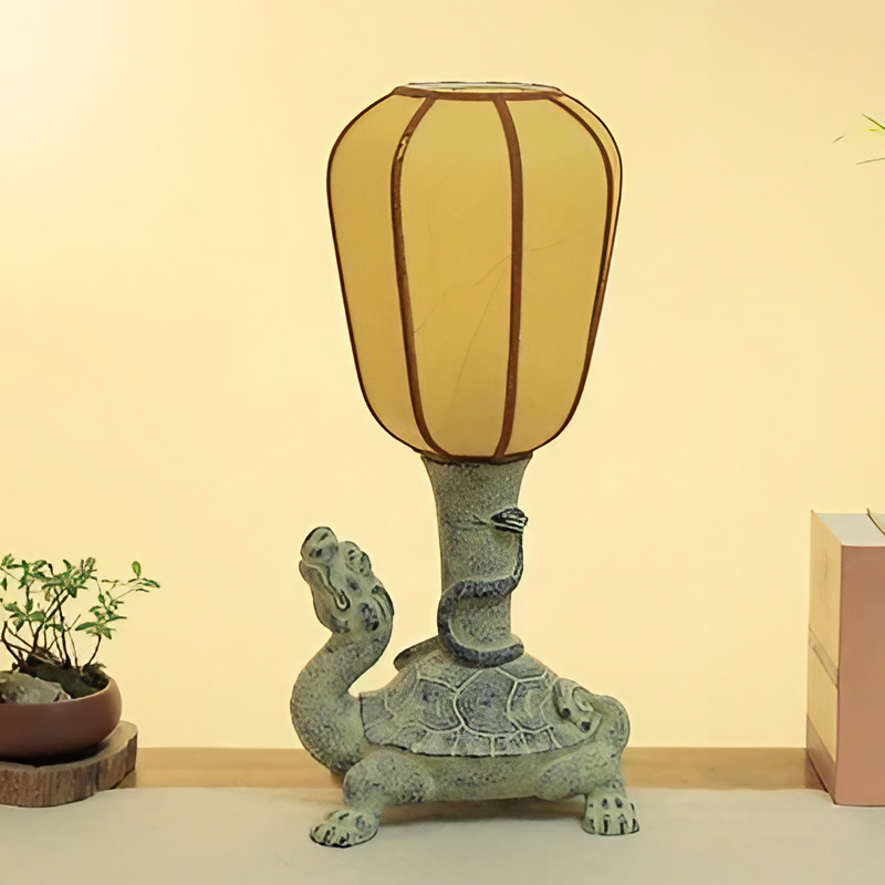 Intricately Carved Mythical Turtle LED Lamp with Fabric Shade – Stylish and Functional Decor