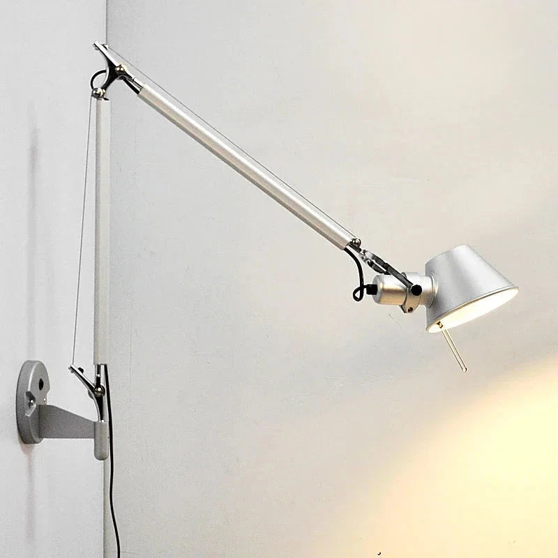 Modern Foldable Adjustable Long Arm Lamp. Available in Silver or Black, Wall Mounted or Table Clip