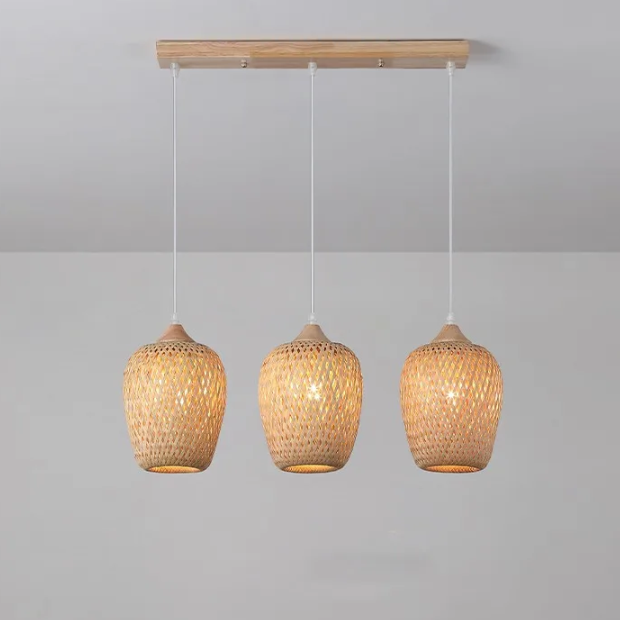 "Elara" Three-Head Tea Room Lantern Woven Bamboo/Rattan LED Pendant Light