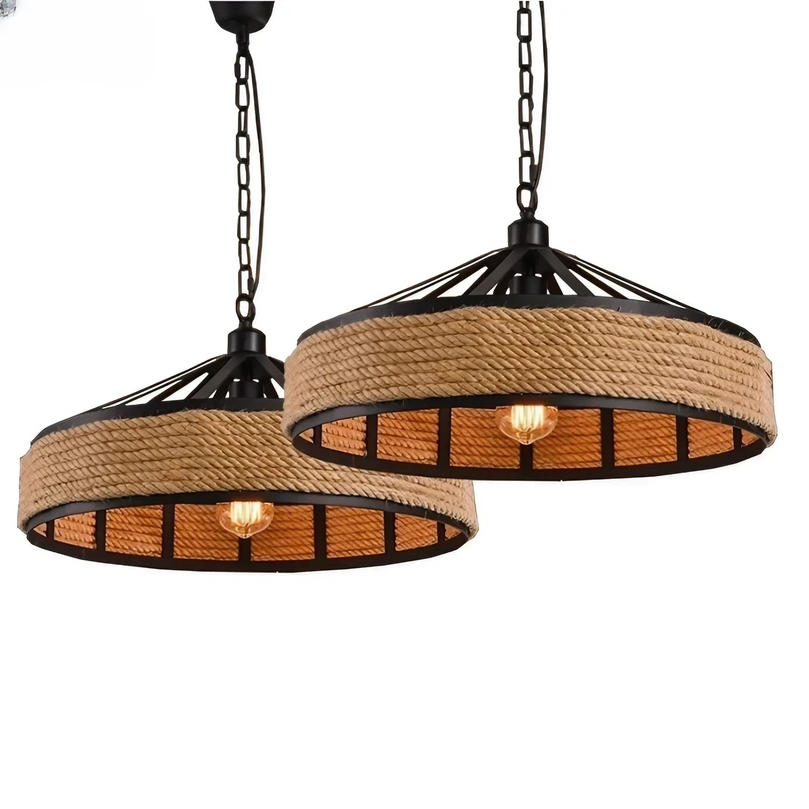 Rustic Industrial Hemp Rope Iron Pendant Suspension Light. Available in three sizes