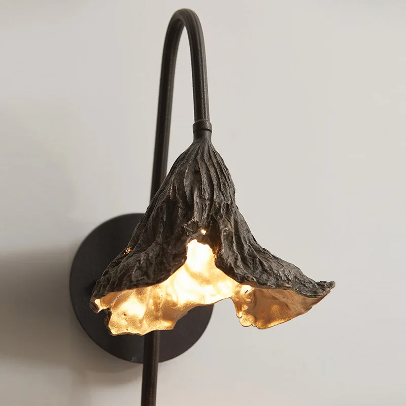 Elegant Withered Lotus Leaf Wall Lamp - Blackened Iron & Brass Artistic Lighting Fixture