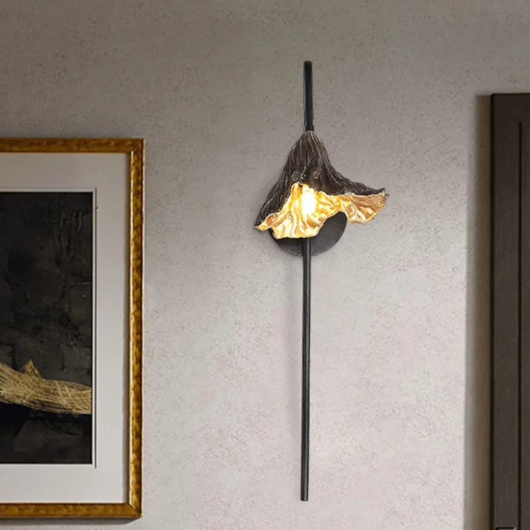 Elegant Withered Lotus Leaf Wall Lamp - Blackened Iron & Brass Artistic Lighting Fixture